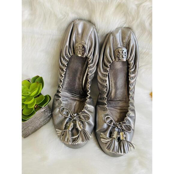 Tory Burch Shoes - Tory Burch Metallic Silver Flats with Tassel Detail Size 9